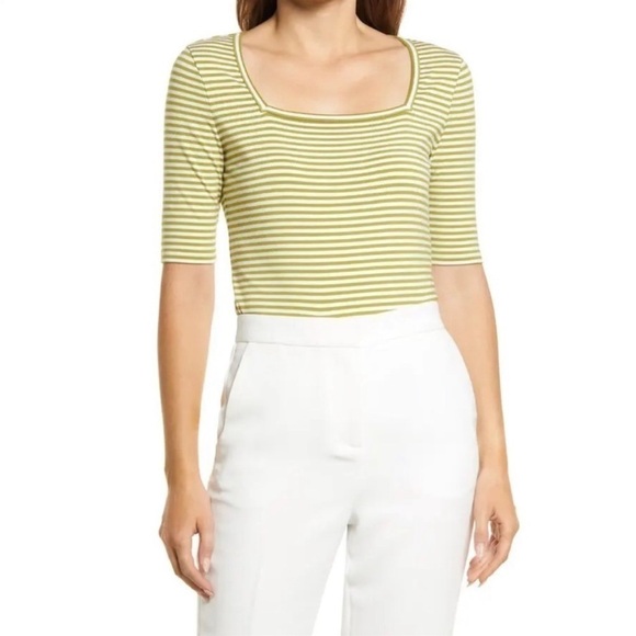 Halogen | NWT Juliette Square Neck Striped Green White Stretch Knit Top Small - Picture 5 of 5